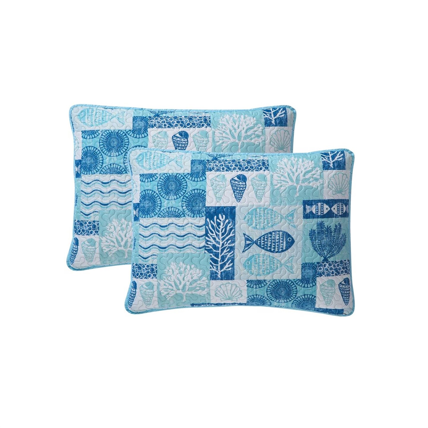Aqua Blue Cream Polyester Sea Life 3-Piece Quilt Set with Shams