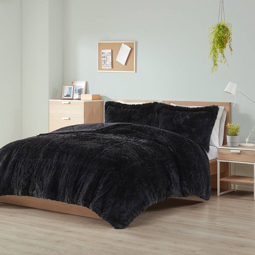 Black Soft Sherpa Faux Fur 3-Piece Comforter Set with Pillow Shams