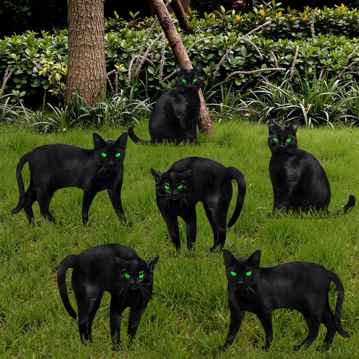 6 PCS Halloween Black Cat Yard Signs with Stakes, 3D Fur