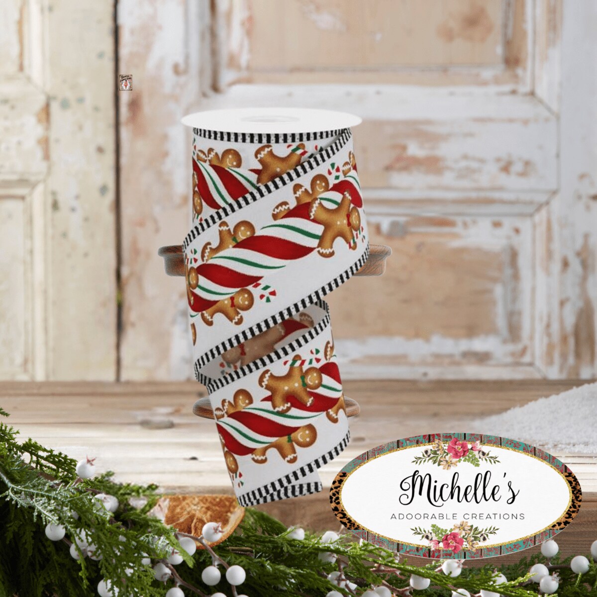 2.5&#x22; Gingerbread Kids Stripe Ribbon: White/Red (10 Yards)