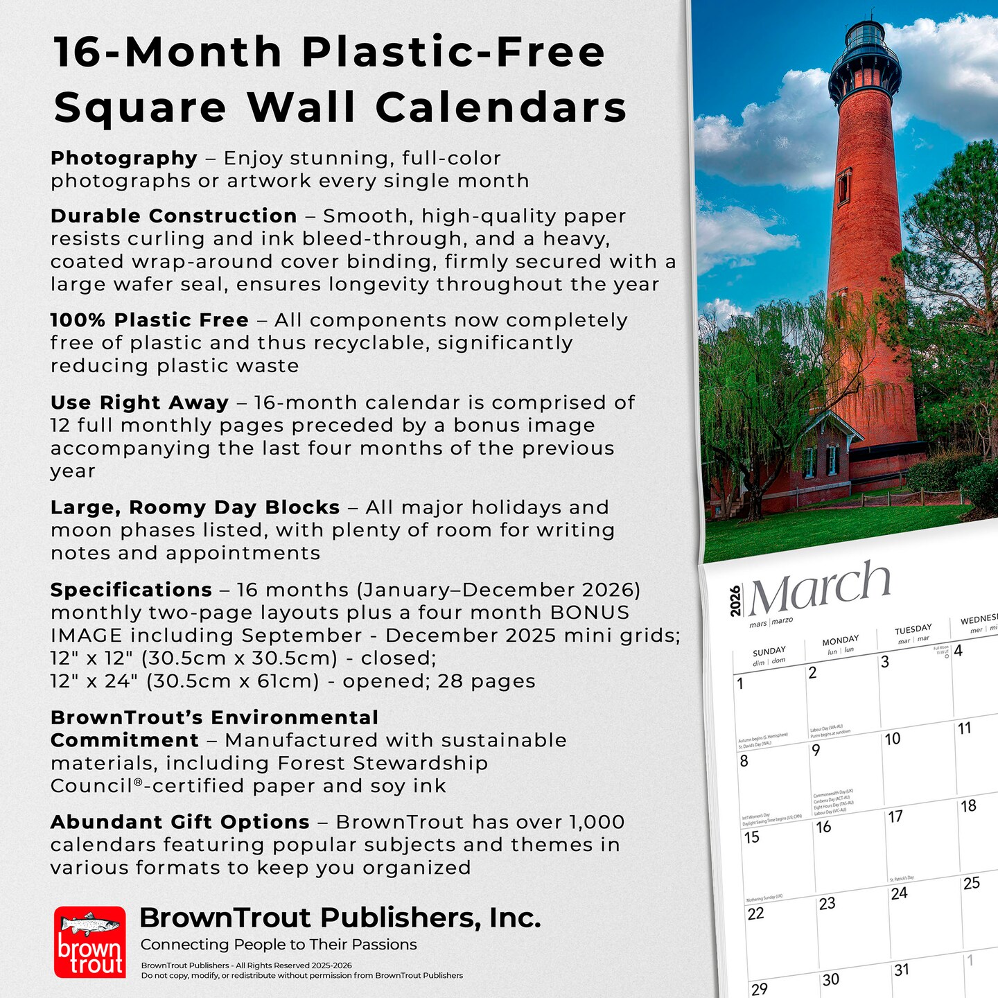 Atlantic Coast Lighthouses | 2026 12 x 24 Inch (Hanging) Monthly Square Wall Calendar | Plastic-Free