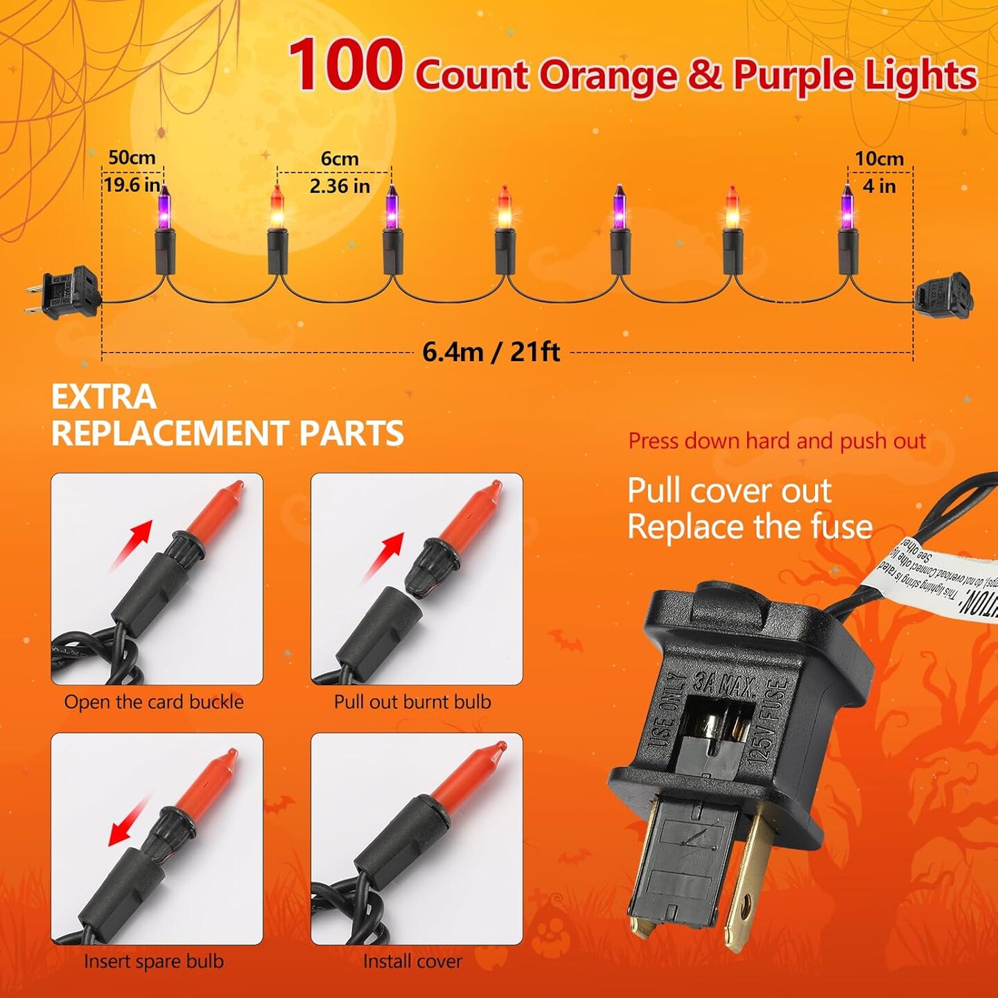 21FT Halloween String Lights – 100 Count Purple & Orange Incandescent Plug-In Lights with Black Cord, Connectable Indoor/Outdoor Spooky Tree, Porch, Yard & Mantle Holiday Decor