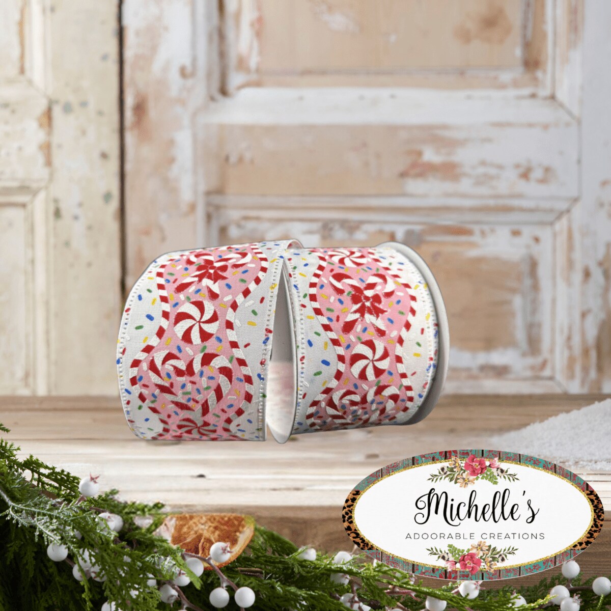 2.5&#x22; Candy Cane Sprinkle Ribbon: White (10 Yards)