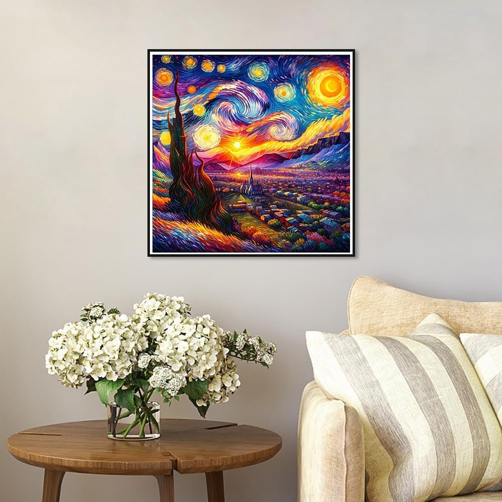 Starry Night Diamond Art Kit for Adults - 14x14 Inch 5D DIY Full Drill Round Gem Painting - Van Gogh Inspired Mosaic Craft Kit for Beginners - Sparkling Home Wall Decor & Creative Gift Set