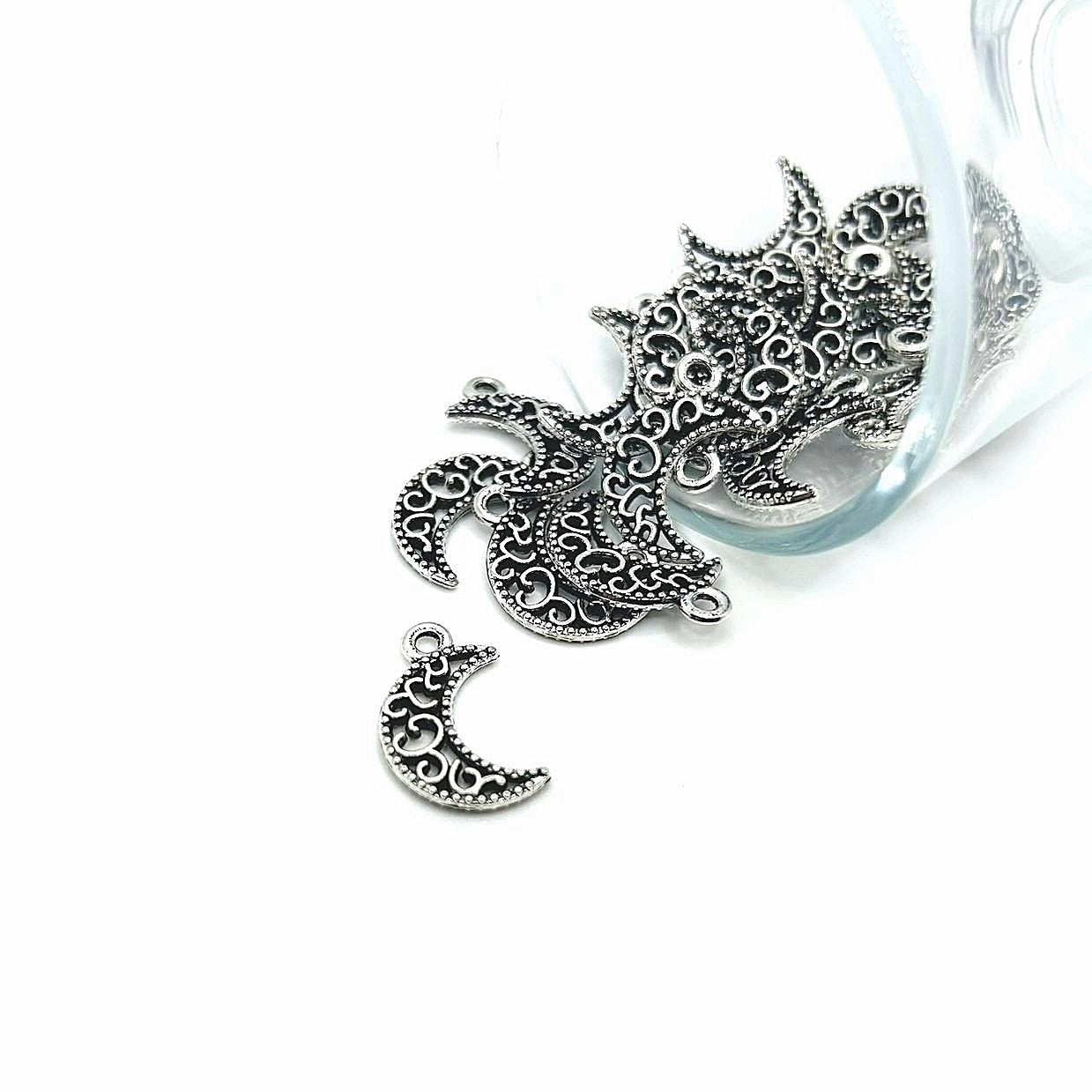 Silver Filigree Crescent Moon Charms, 18x11mm