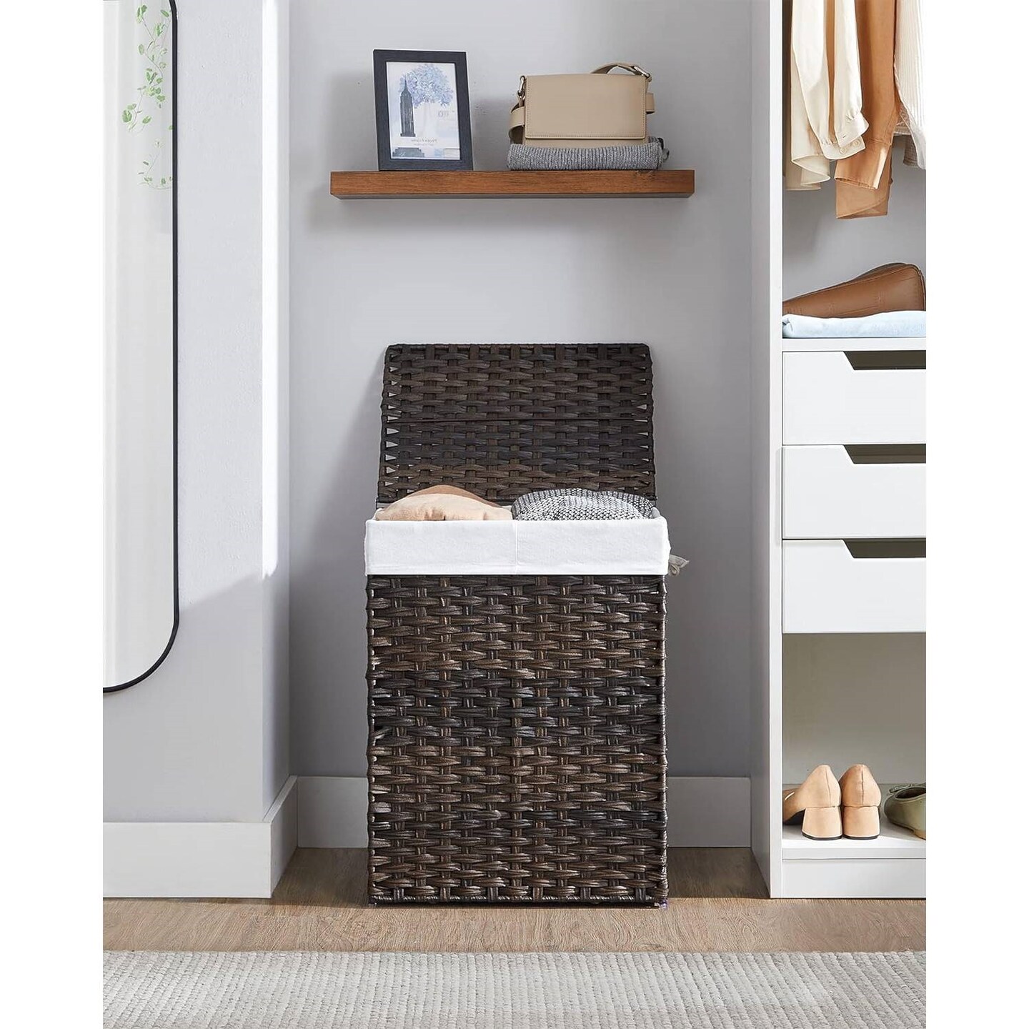 Brown Plastic Rattan Laundry Hamper with Dual Compartments, Liners and Bag