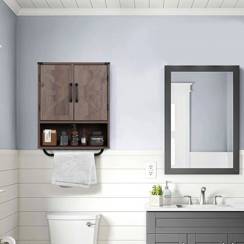 Modern Wooden Bathroom Wall Storage Cabinet with Doors and Towel Rack, Adjustable Shelves