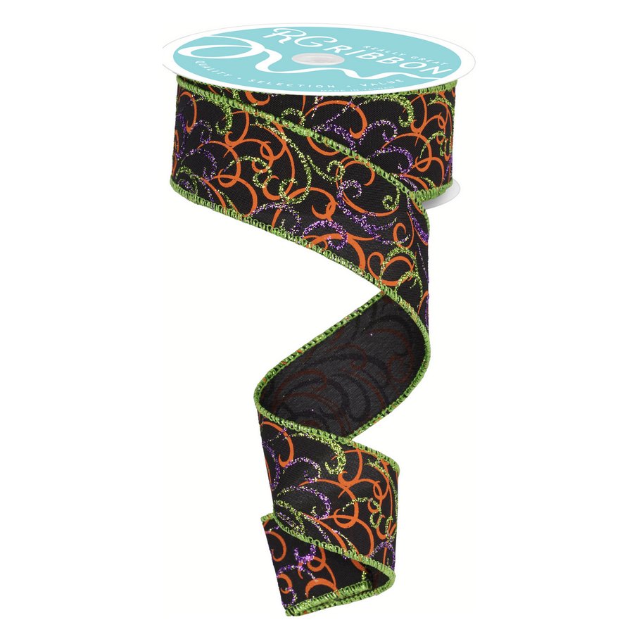 1.5&#x22; Multi Swirls Glitter Ribbon: Black/Orange/Purple/Lime (10 Yard)
