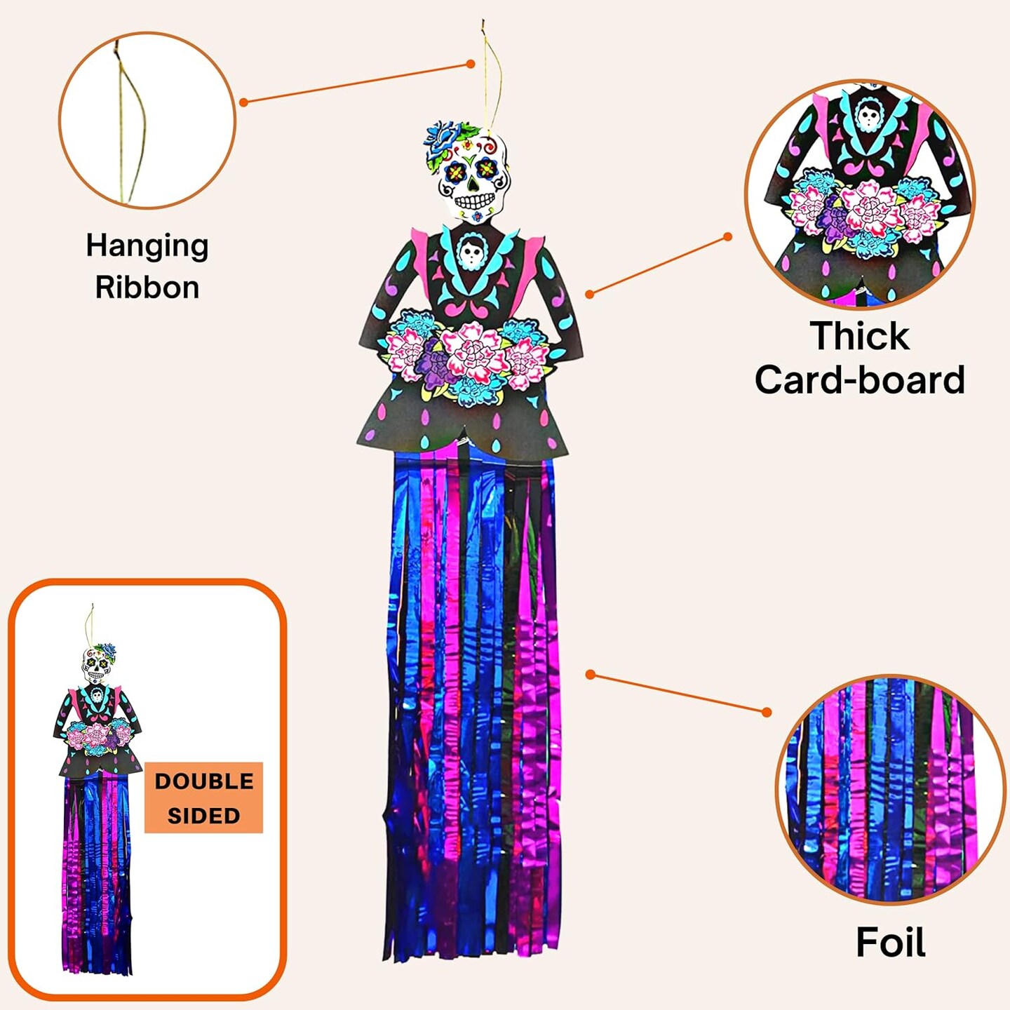 4E's Novelty Day of The Dead Hanging Decorations – 3 Pack 36" Sugar Skull Banners, Dia de Los Muertos Indoor Outdoor Party Supplies, Halloween Vertical Backdrop for Home, Yard, Door, Window Decor