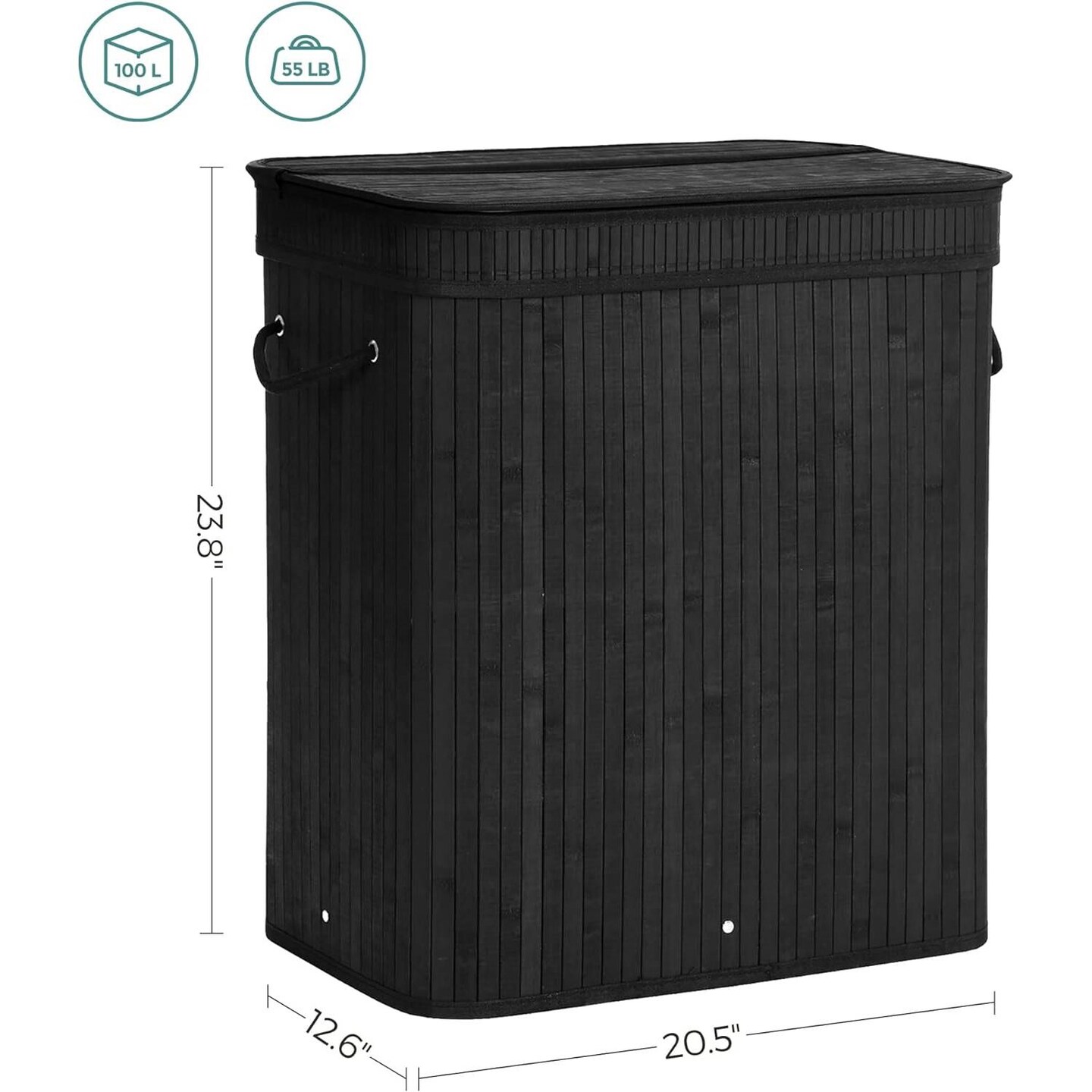 Black Natural Wicker Laundry Hamper with Lid, Liner Bag and Foldable Frame