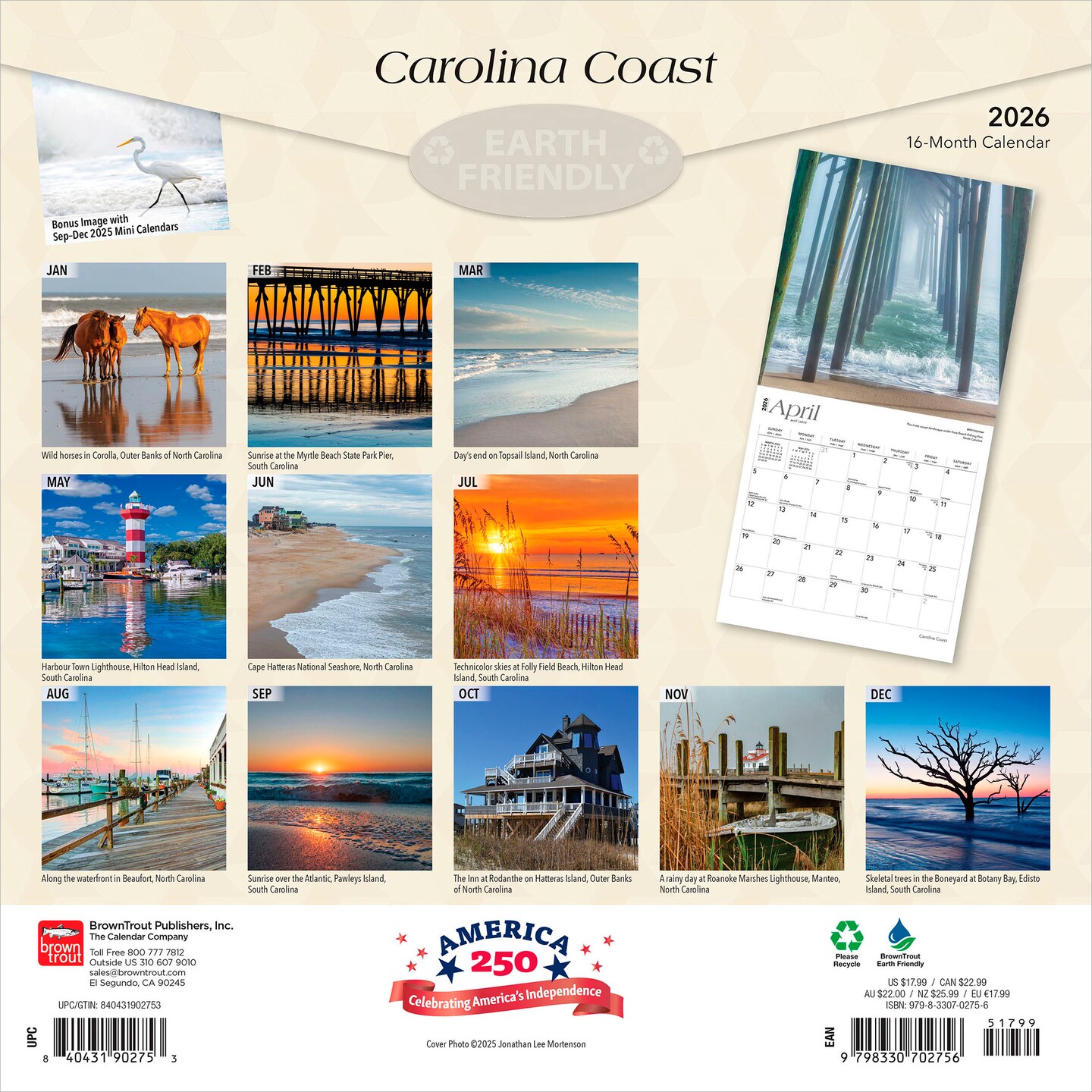 Carolina Coast | 2026 12 x 24 Inch (Hanging) Monthly Square Wall Calendar | Plastic-Free