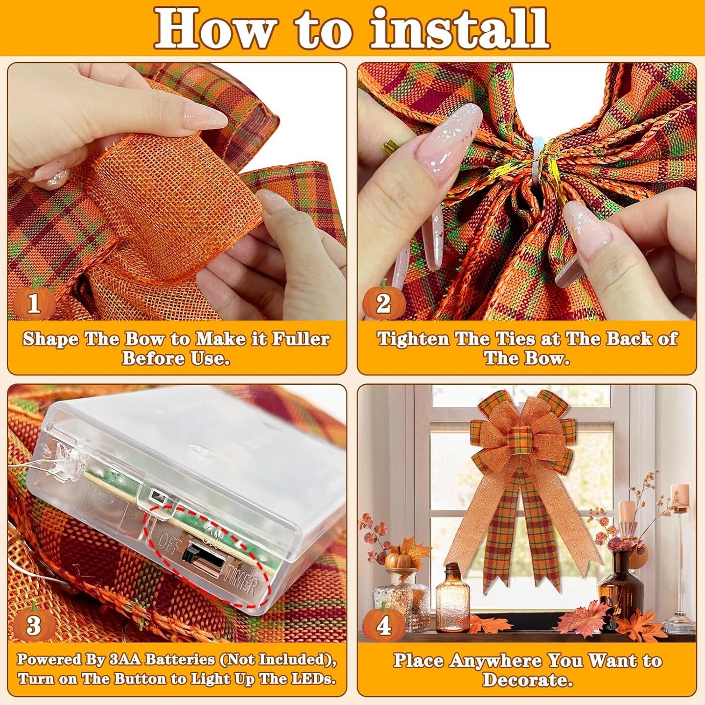 [ 2 Pack &#x26; Timer ] Prelit Fall Wreath Bows