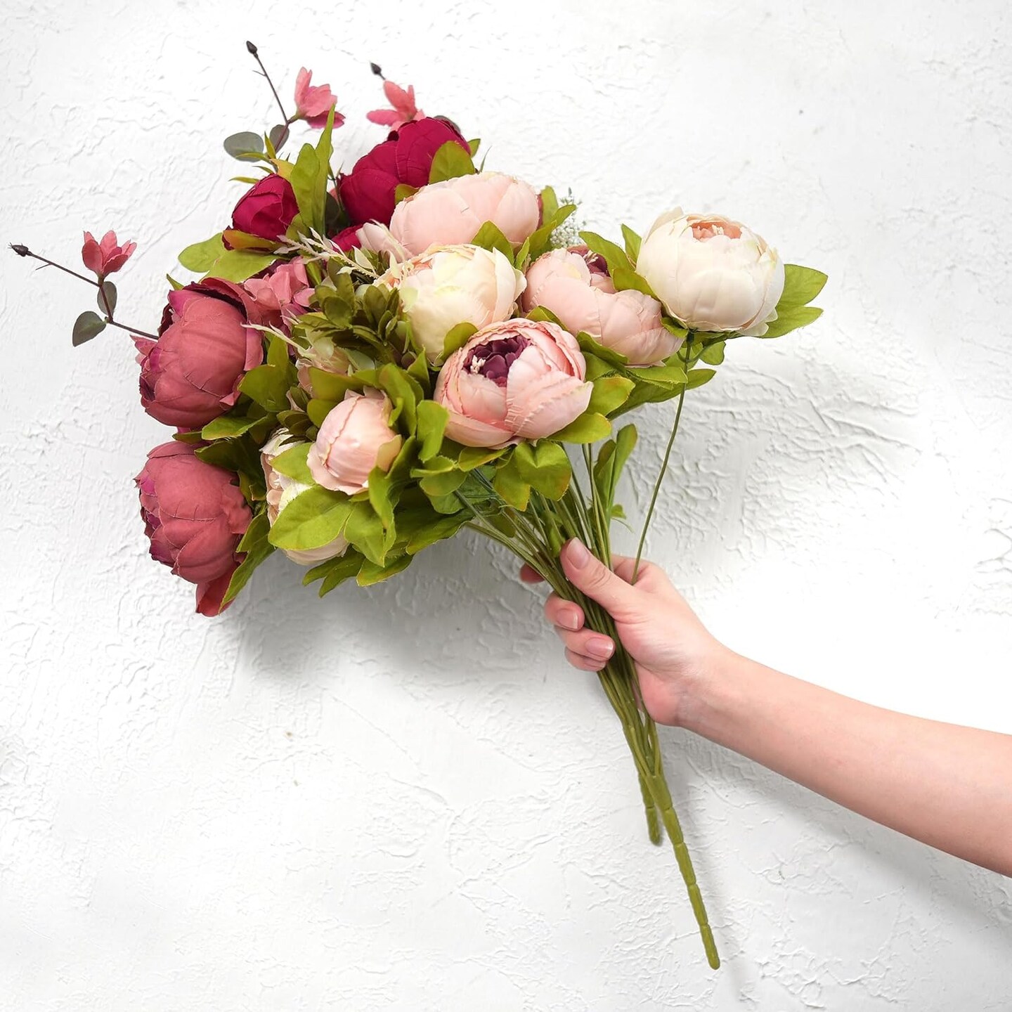 Pinkish Red and Dusty Pink Vintage Artificial Peonies Silk Flowers and Hydrangeas for Wedding Bridal