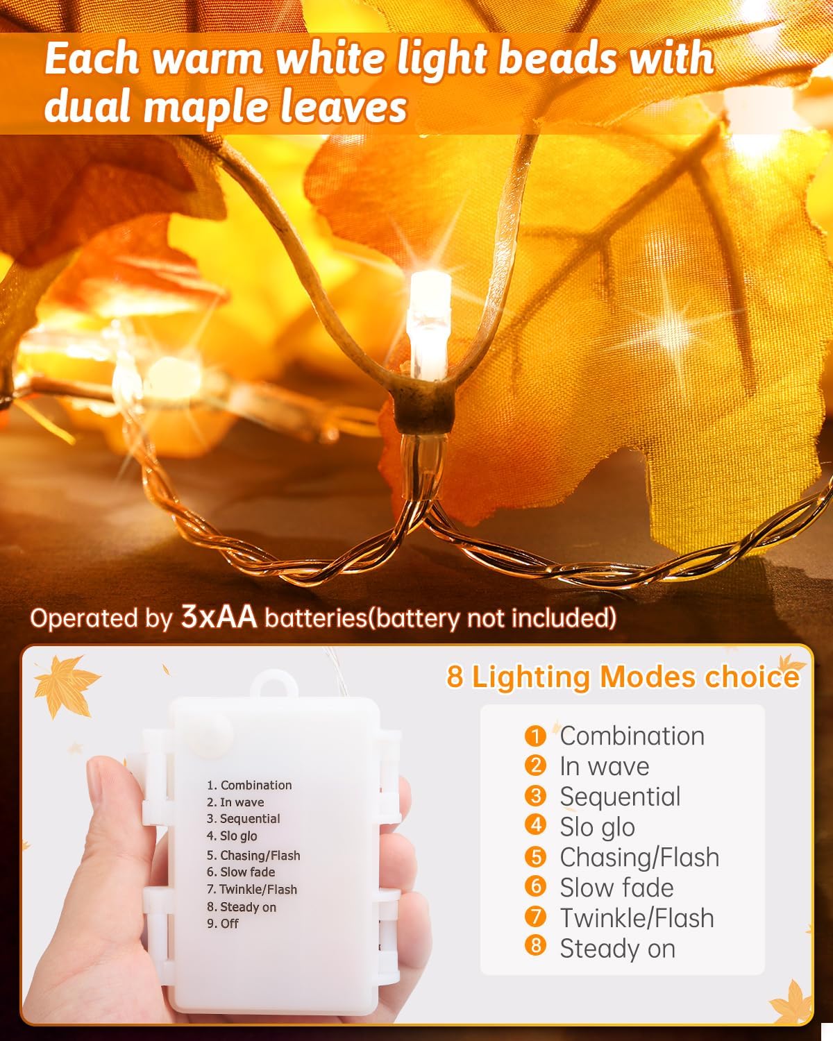 2Pack [8 Lighting Modes &#x26; Timer] Fall Decor Maple Leaf Garland