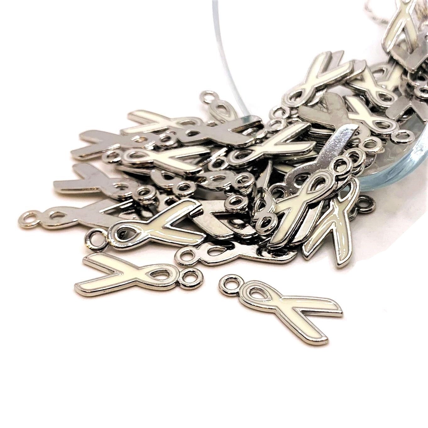 White Awareness Domestic Violence Ribbon Charms, 20x9mm