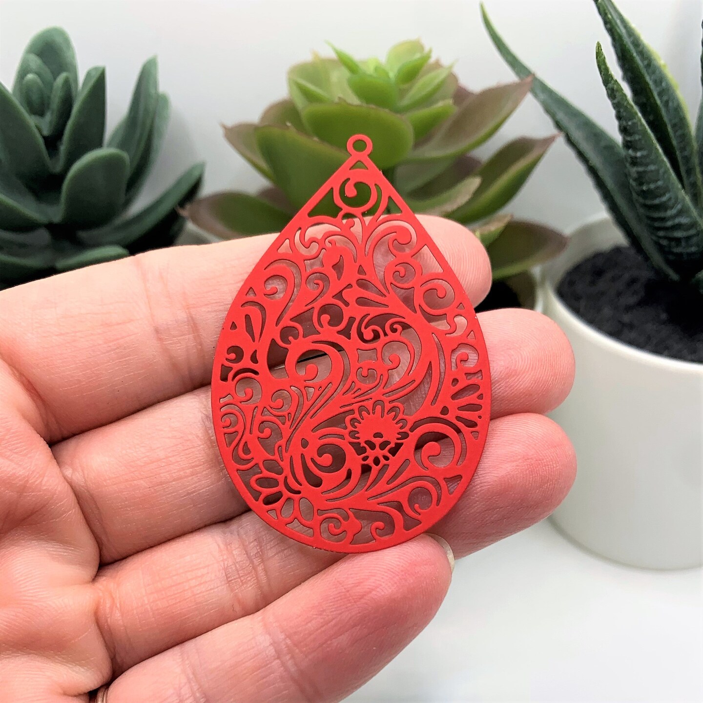 Large Red Filigree Teardrop Pendants, 55x34mm