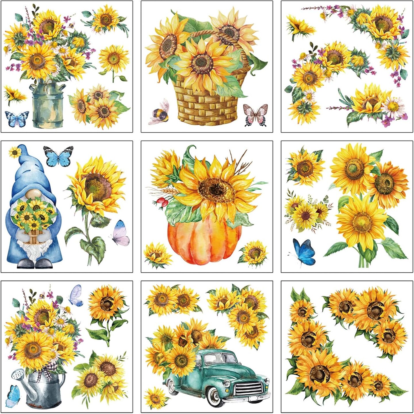 9 Sheets Sunflower Rub on Transfer Stickers - 6 x 6 Inch