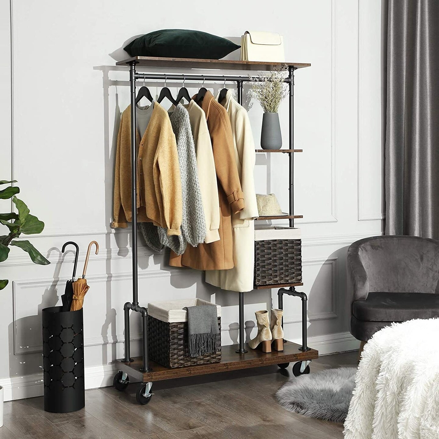 Rustic Brown Farmhouse 5 Tier Laundry Pipe Garment Rack with Wheels Industrial Storage Organizer