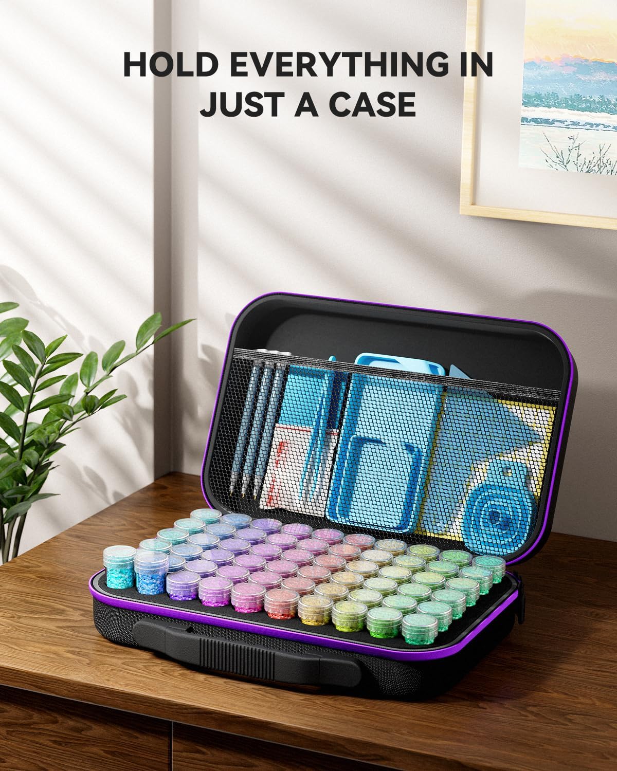 60-Slot Diamond Art Storage Case – Portable Organizer with Screw-On Lids for Beads, Diamonds, and Craft Accessories, Includes Complete Diamond Painting Tool Kit