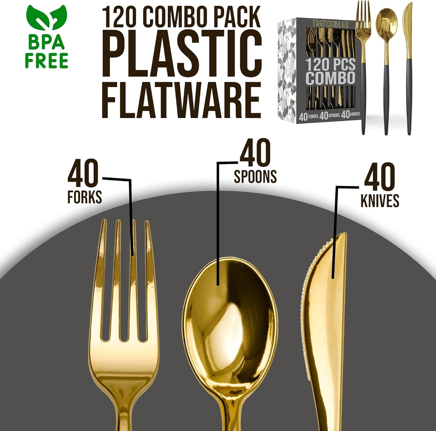 Trendables Disposable Silverware Set - Wedding Plastic Cutlery Dinnerware - Includes two toned Forks, Plastic Spoons, two colored Knives - reflective Plastic Utensils Party Set