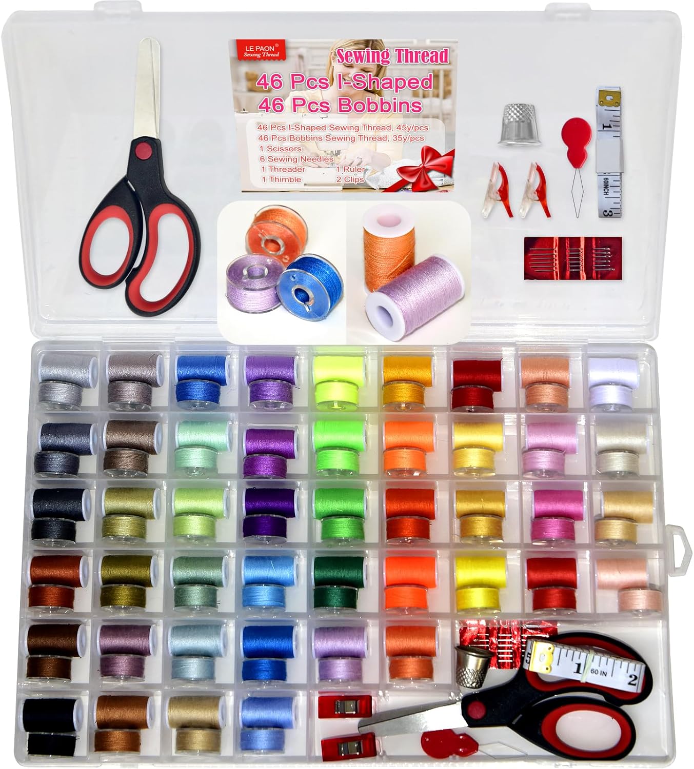 92Pcs Sewing kit 46 Colors Prewound Bobbins and Thread Spools