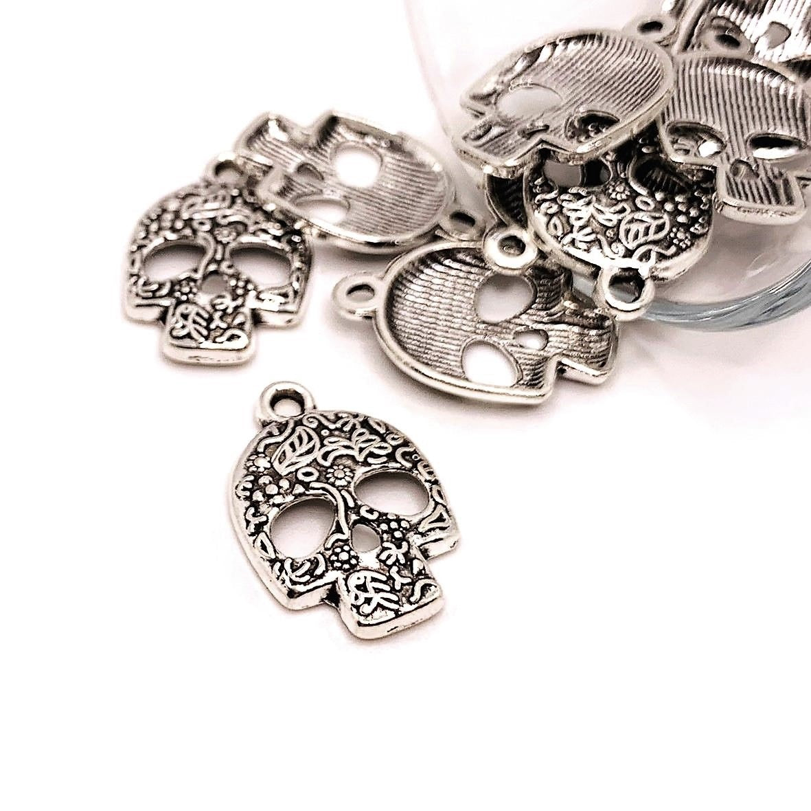Silver Flowered Sugar Skull Dia De Los Muertos Charms, 24x16mm