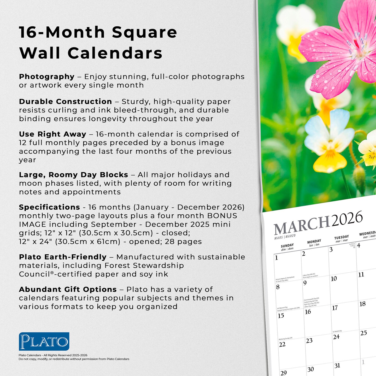 Wildflowers | 2026 12 x 24 Inch (Hanging) Monthly Square Wall Calendar | Foil Stamped Cover