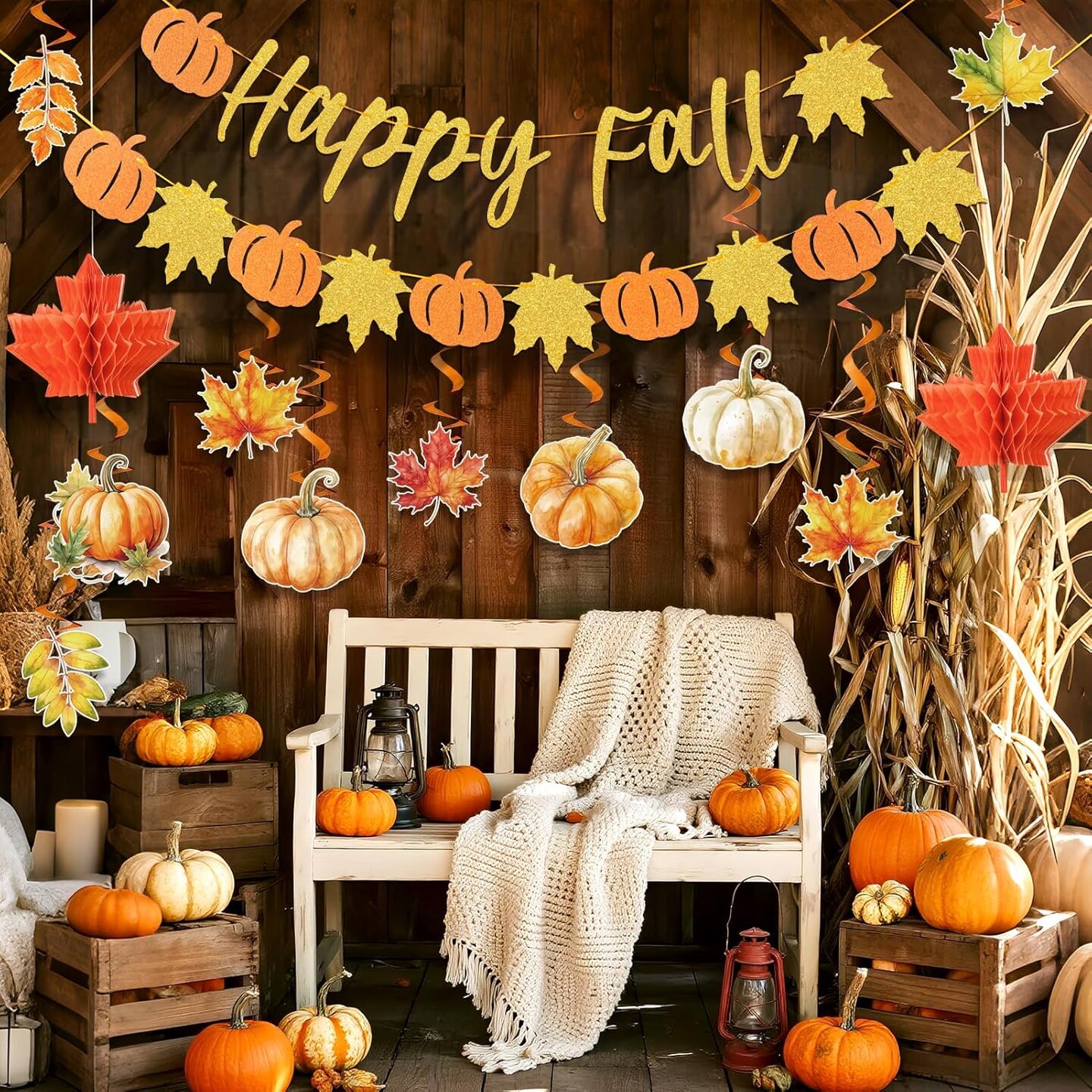 Happy Fall Party Decorations – Pumpkin Banners, Hanging Swirls & Autumn Décor (Orange)