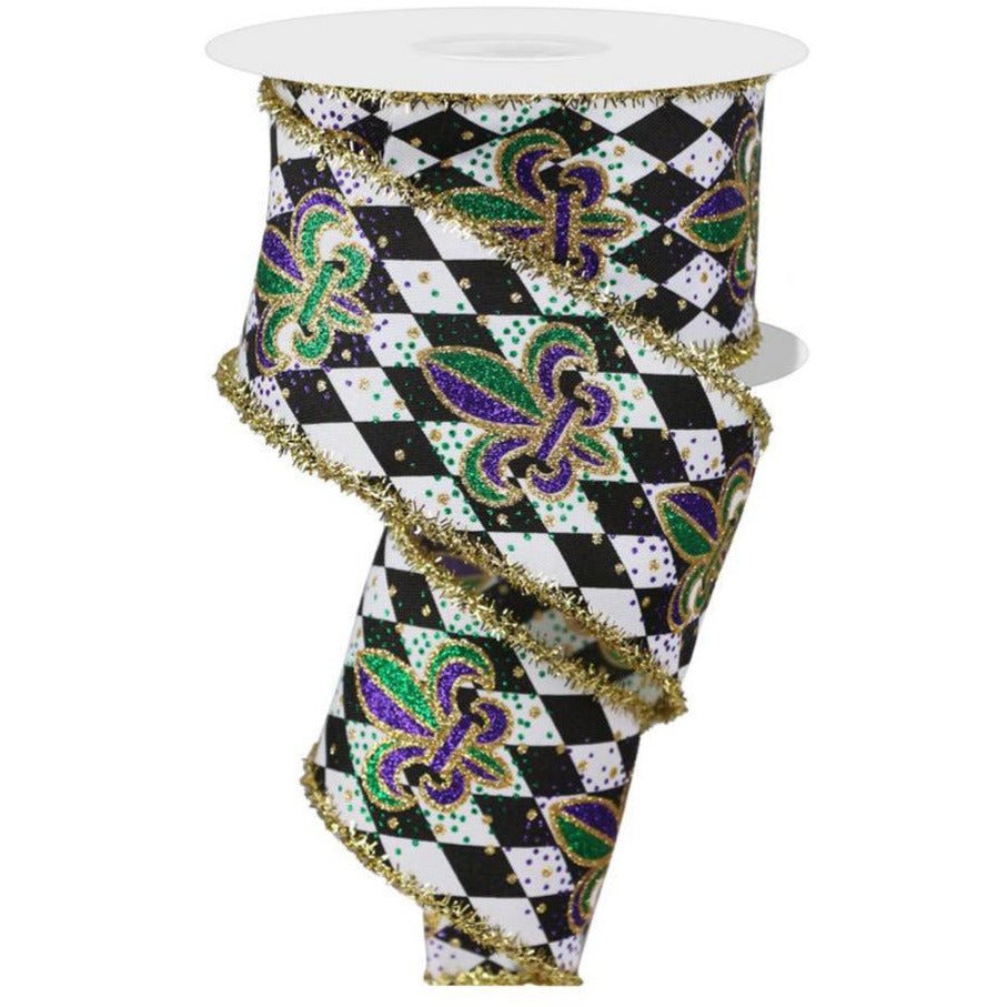 2.5&#x22; Fleur De Lis Harlequin Tinsel Ribbon: Mardi Gras (10 Yards)
