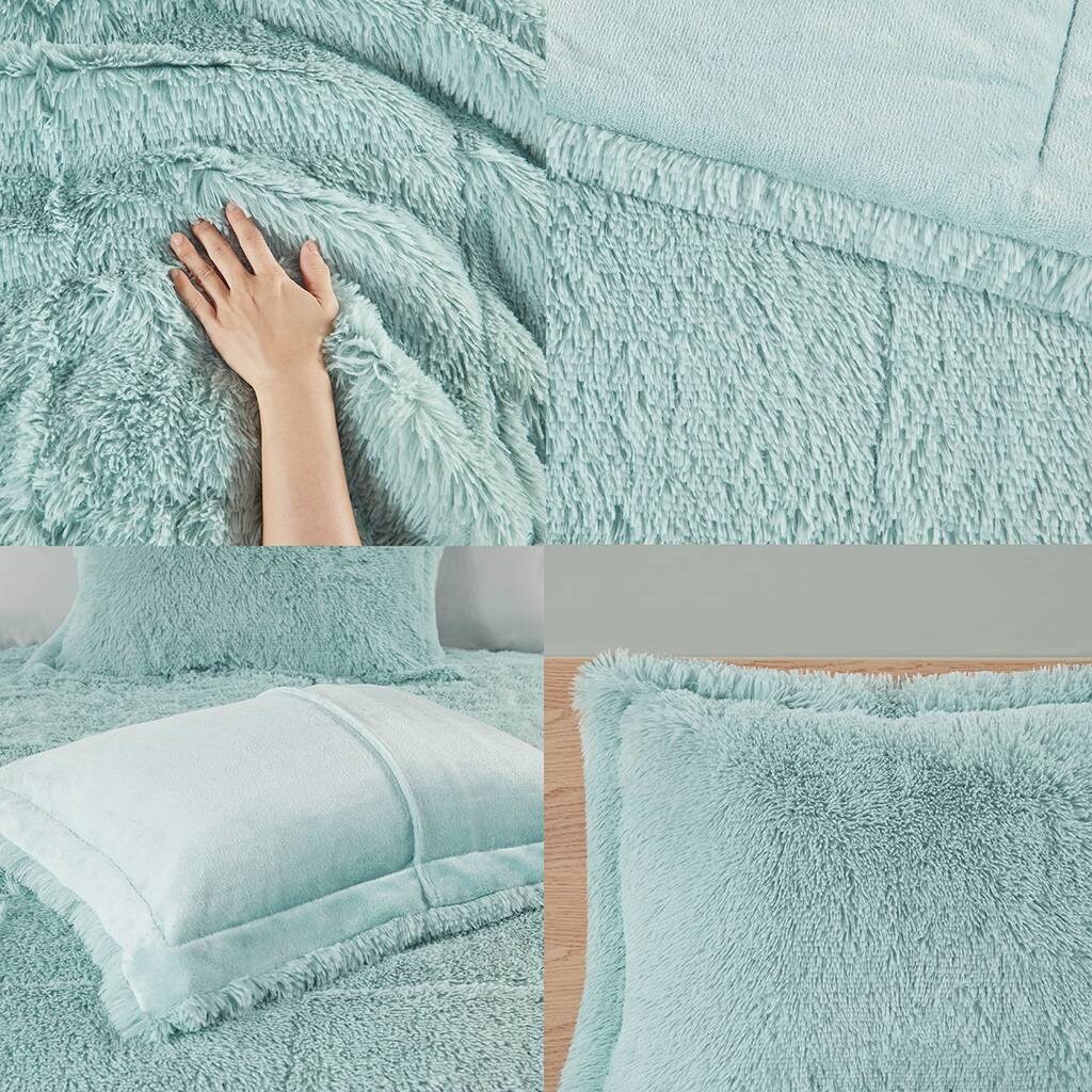 Soft Sherpa Faux Fur Comforter Set Light Teal Blue Hypoallergenic Polyester Bedding