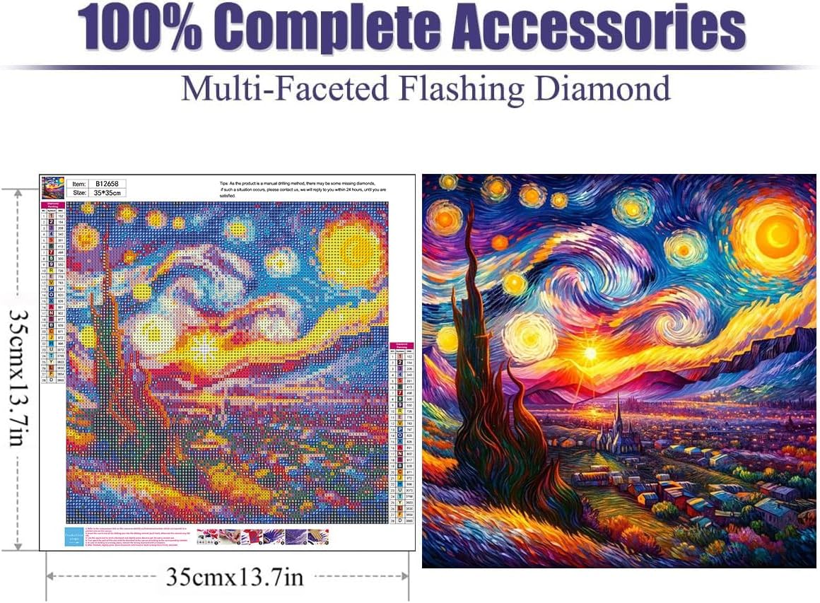 Starry Night Diamond Art Kit for Adults - 14x14 Inch 5D DIY Full Drill Round Gem Painting - Van Gogh Inspired Mosaic Craft Kit for Beginners - Sparkling Home Wall Decor & Creative Gift Set