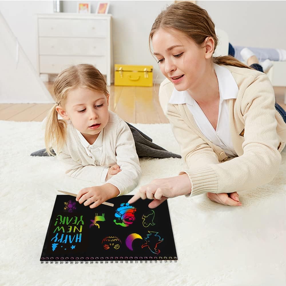 I&Art Scratch Art Books for Kids – Rainbow Scratch Paper Notebooks with Wooden Stylus, Creative Gift for Ages 3+ (Rainbow)