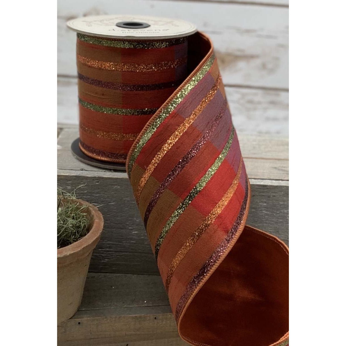 4&#x22; Plaid Glitter Stripe Ribbon: Autumn Orange (5 Yards)