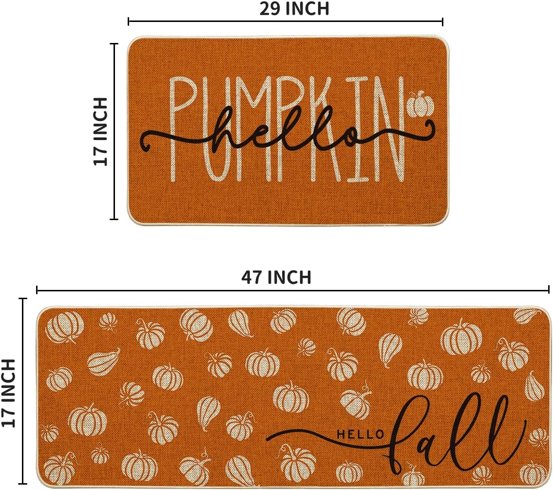 Orange Hello Pumpkin Fall Kitchen Mats Set of 2, Autumn Home Decor Low-Profile Kitchen Rugs for Floor - 17x29 and 17x47 Inch