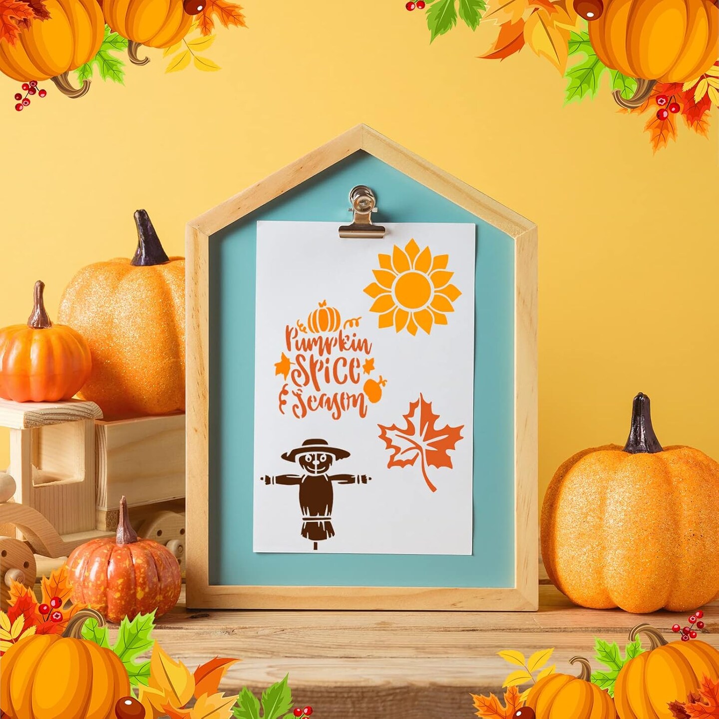 60 Pcs Fall Stencils for Painting Reusable Leaf Pumpkin - 3 x 3 Inch