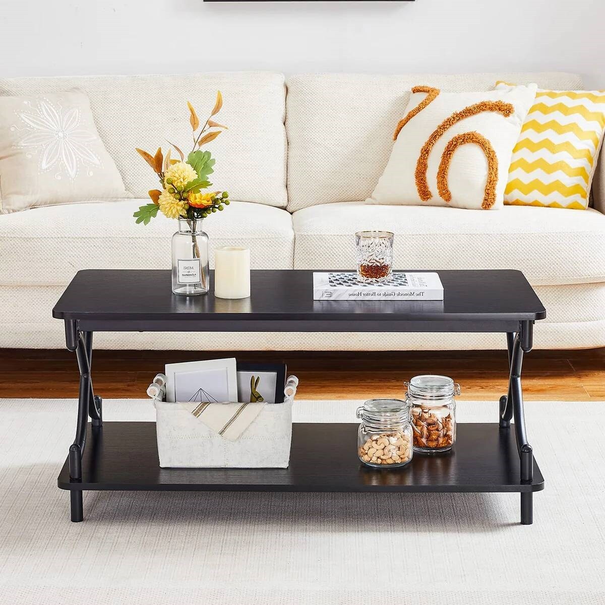 39-Inch Modern Rectangular Coffee Table with Metal Frame and Storage Shelf for Living Room