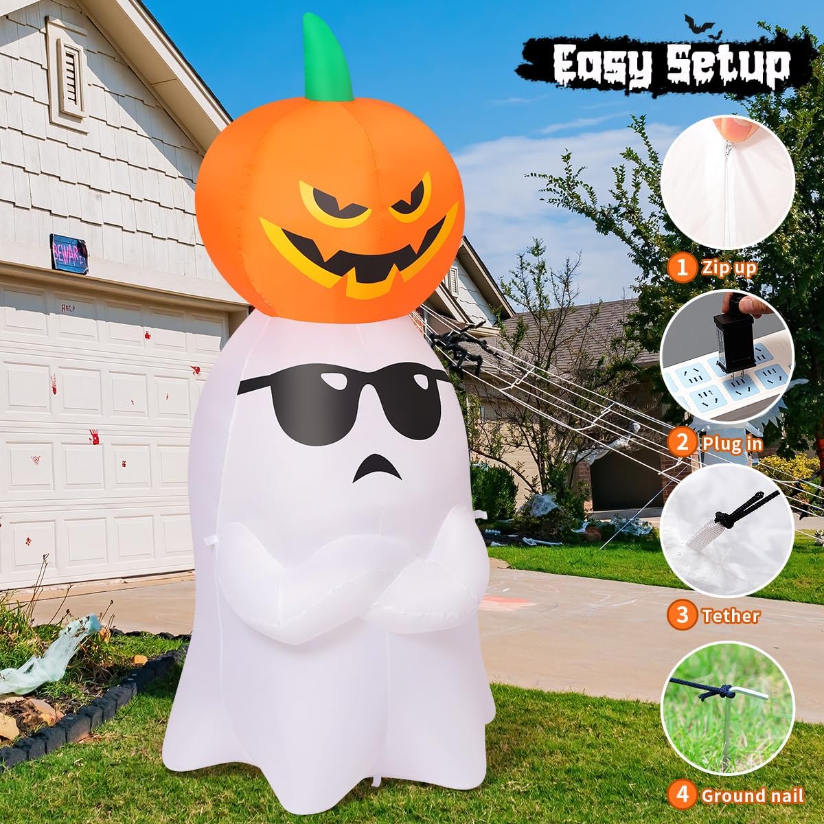 Halloween Inflatables Ghost with Pumpkin Outdoor Decorations Blow Up