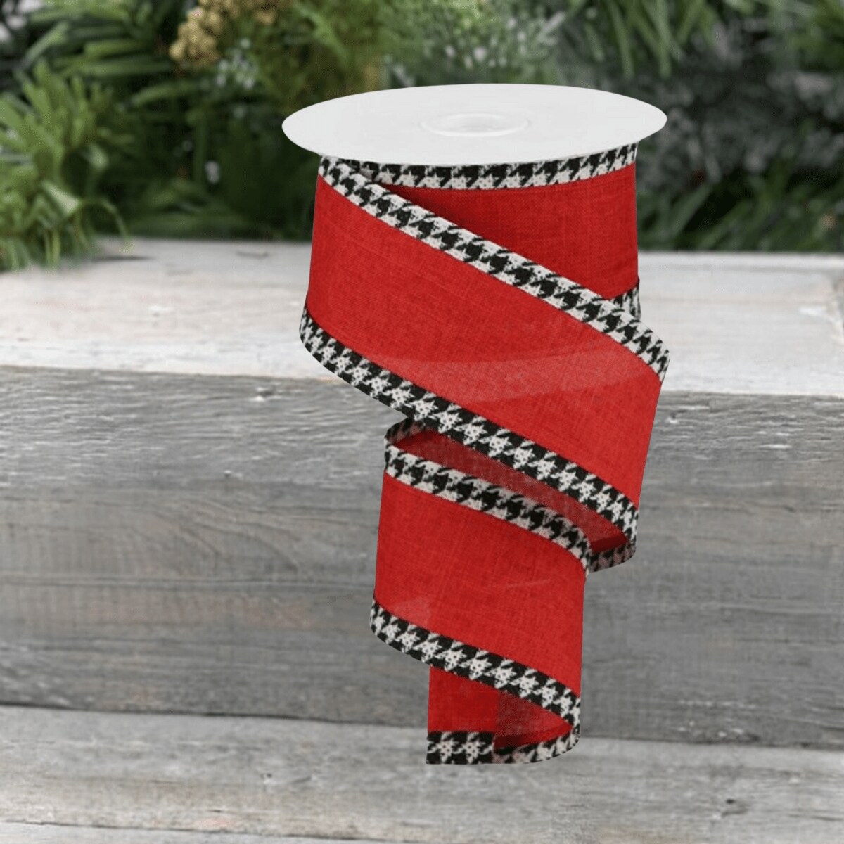 2.5&#x22; Houndstooth Edge Ribbon: Red, Black, White (10 Yards)