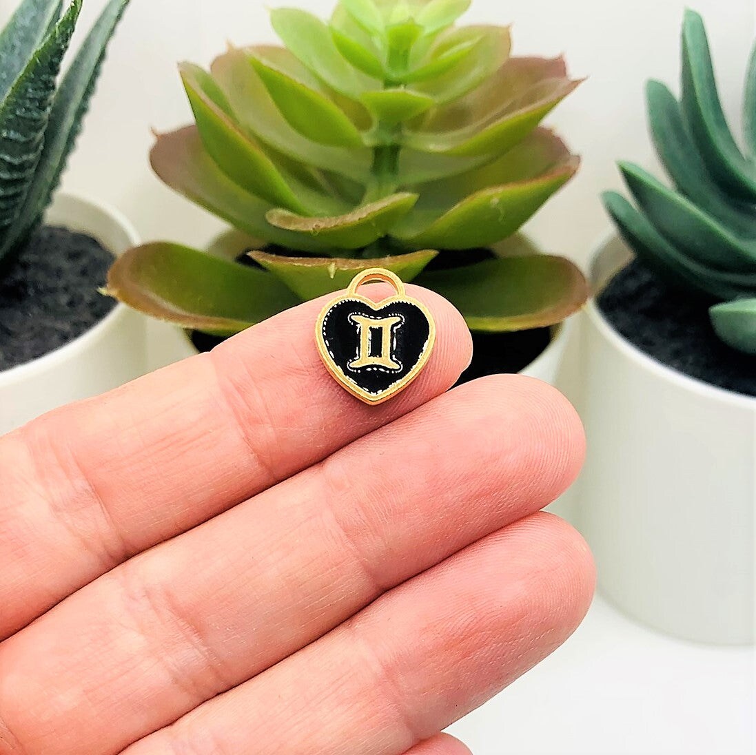 Black Enamel and Gold Zodiac/Astrology Heart Charms, 14x12mm