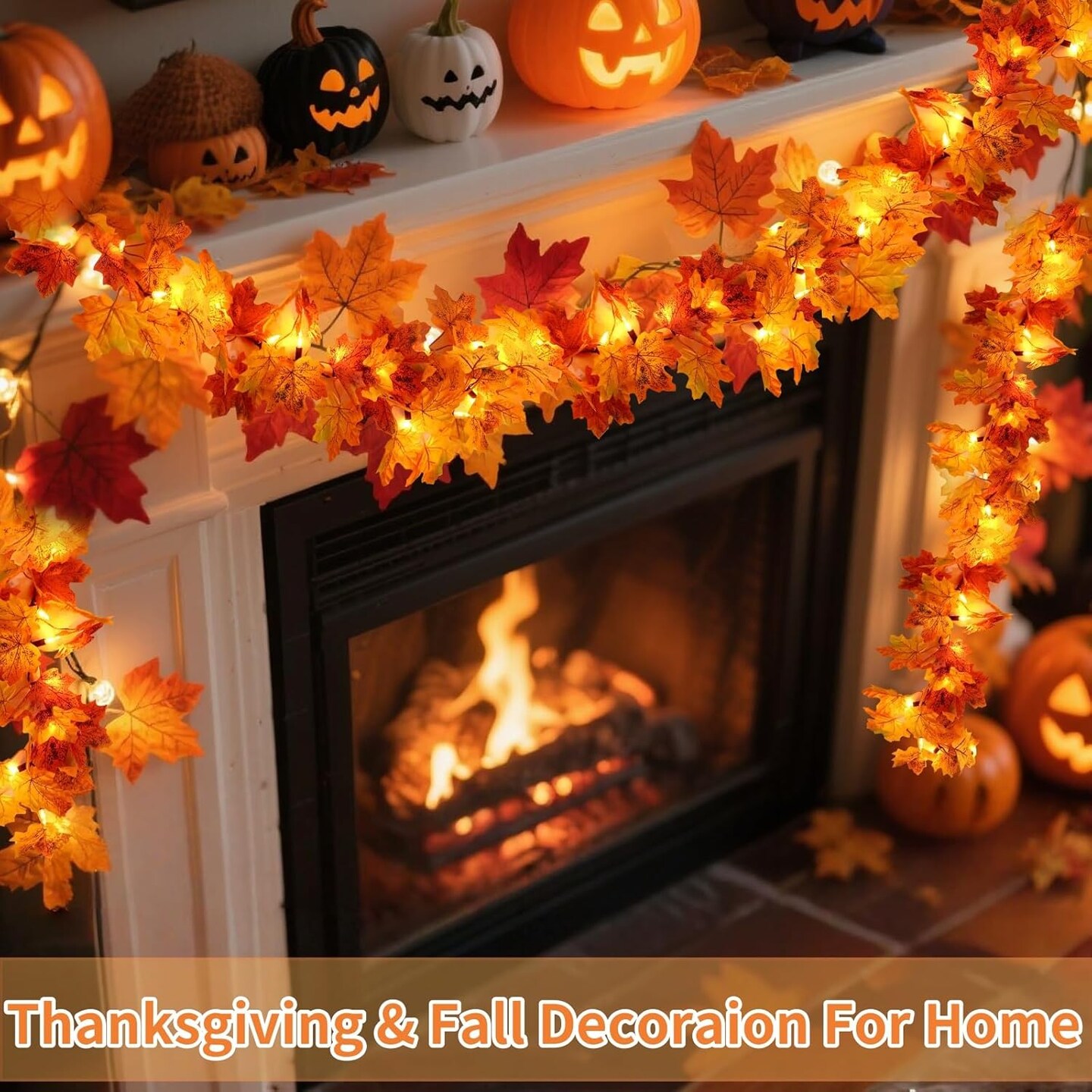 10Ft 50 LED Fall Garland with Lights - Battery Operated (Orange)