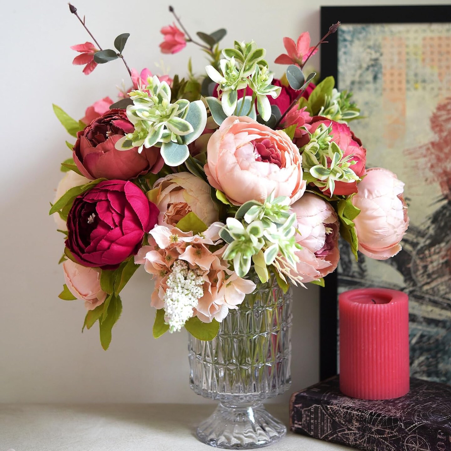 Pinkish Red and Dusty Pink Vintage Artificial Peonies Silk Flowers and Hydrangeas for Wedding Bridal