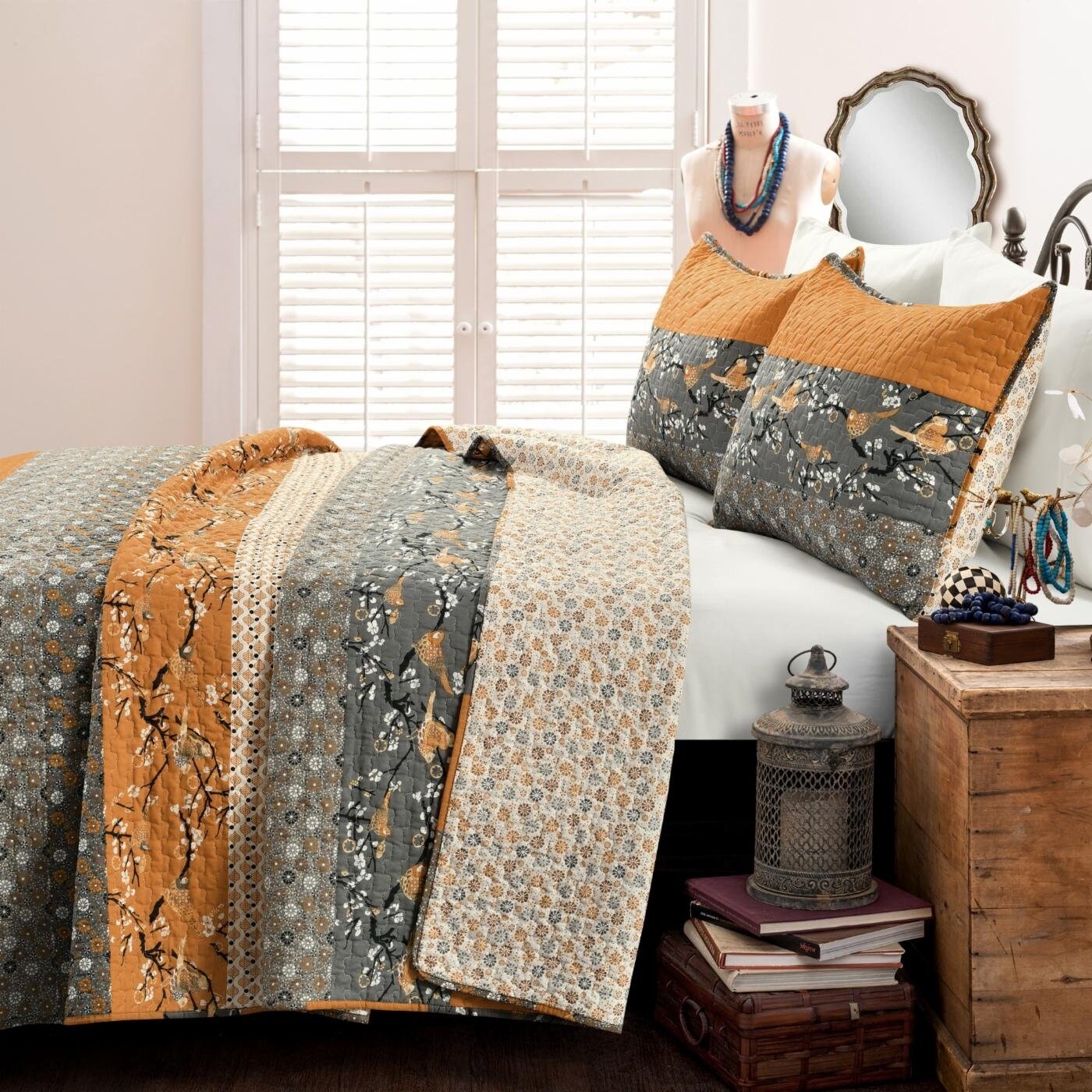 Orange-Grey Cotton Reversible 3-Piece Quilt Set with Floral Bird Design