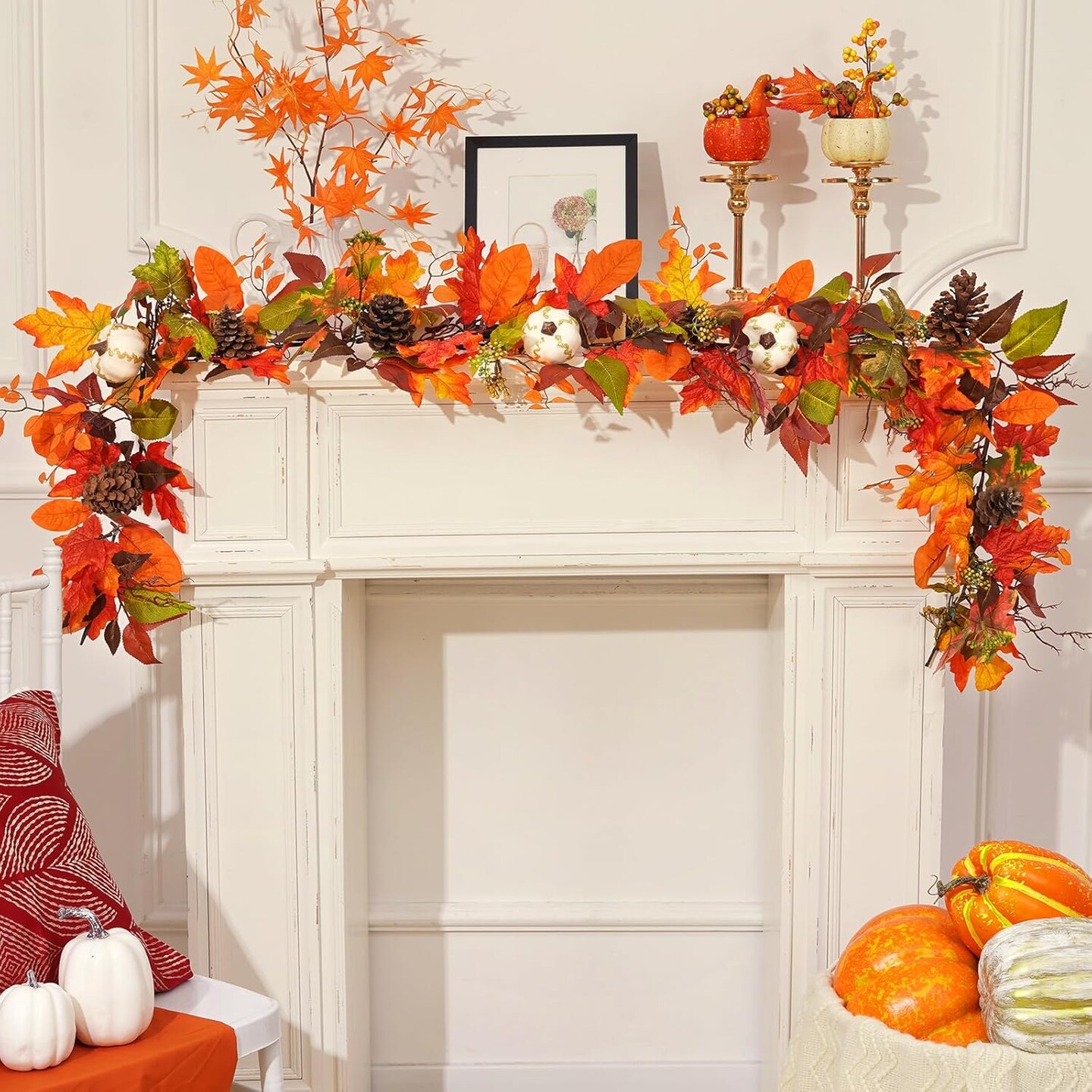 6 FT Fall Garland with White Gilded Pumpkins