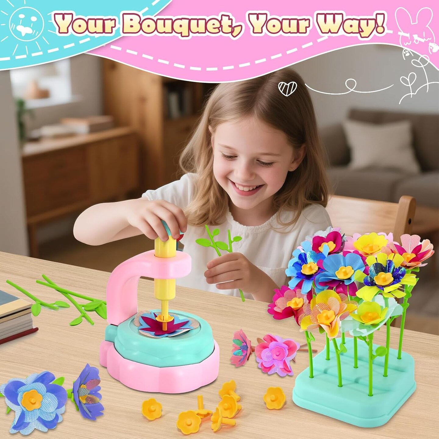 Flower Bouquet Craft Kit – DIY Arts & Crafts for Kids Ages 4-8, Girls Toys for Flower Making, Birthday Gift Craft Set with 90+ Fabric Petals, Stems, Vase, and Accessories (Pink & Blue)