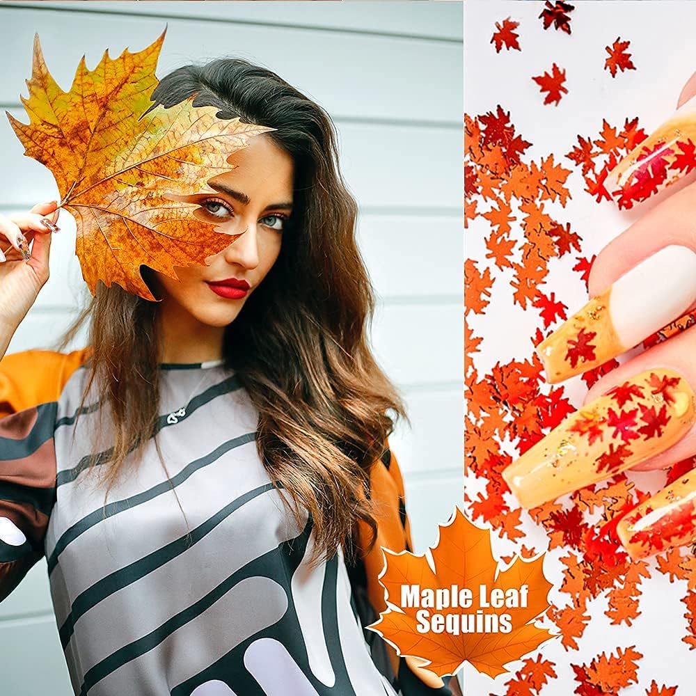 Holographic Glitters Fall Maple Leaf Shaped Nail Art Sequins Flakes 2 Pot