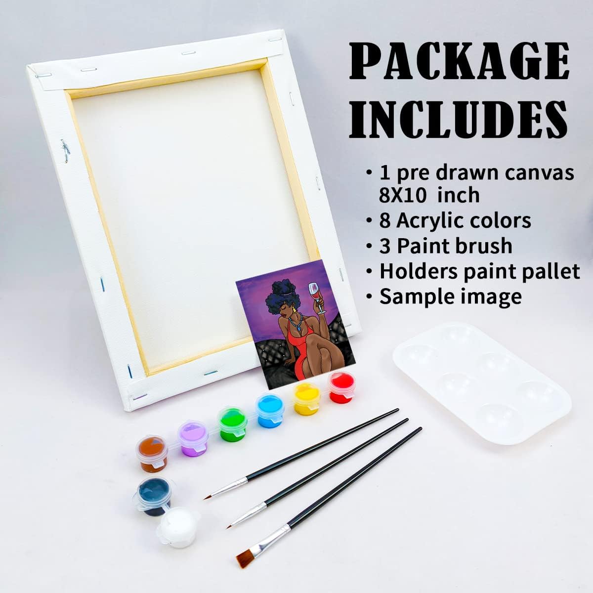 Sip & Paint Pre Drawn Canvas Kit for Adults – 8x10 Inch Painting Set with 8 Acrylic Colors, 3 Brushes, Palette – Chic Girl Art Party Supplies for Painting Parties, Birthdays, & Art Classes (White)