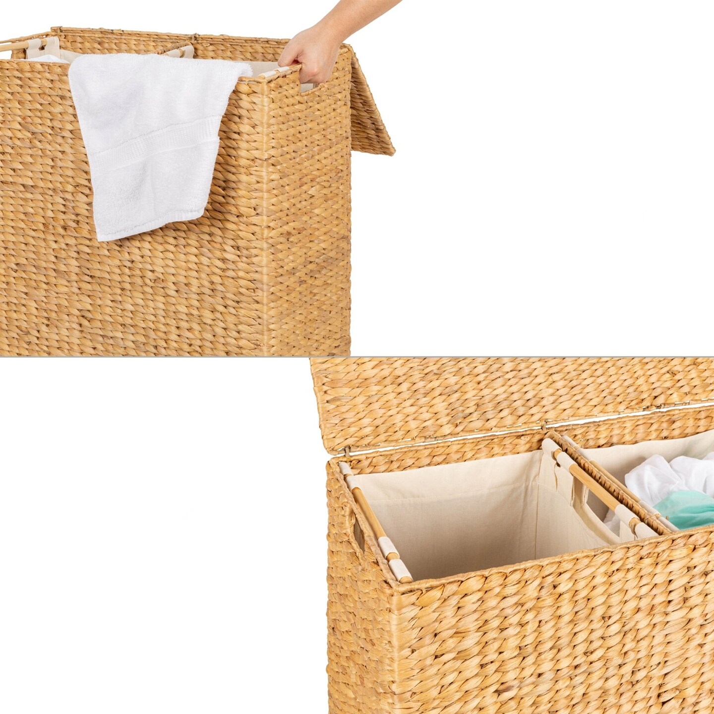 Natural Water Hyacinth 2-Bin Laundry Hamper with Lid and Canvas Liners