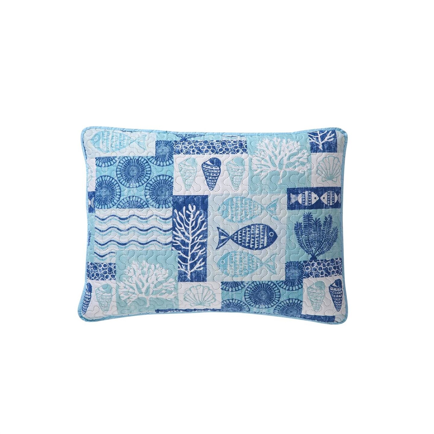 Aqua Blue Cream Polyester Sea Life 3-Piece Quilt Set with Shams