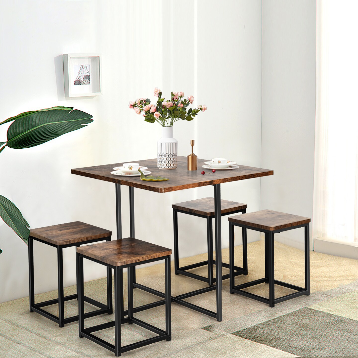 Costway 5pcs Dining Set Compact Dining Table and 4 Stools Metal Frame Nature\Vintage