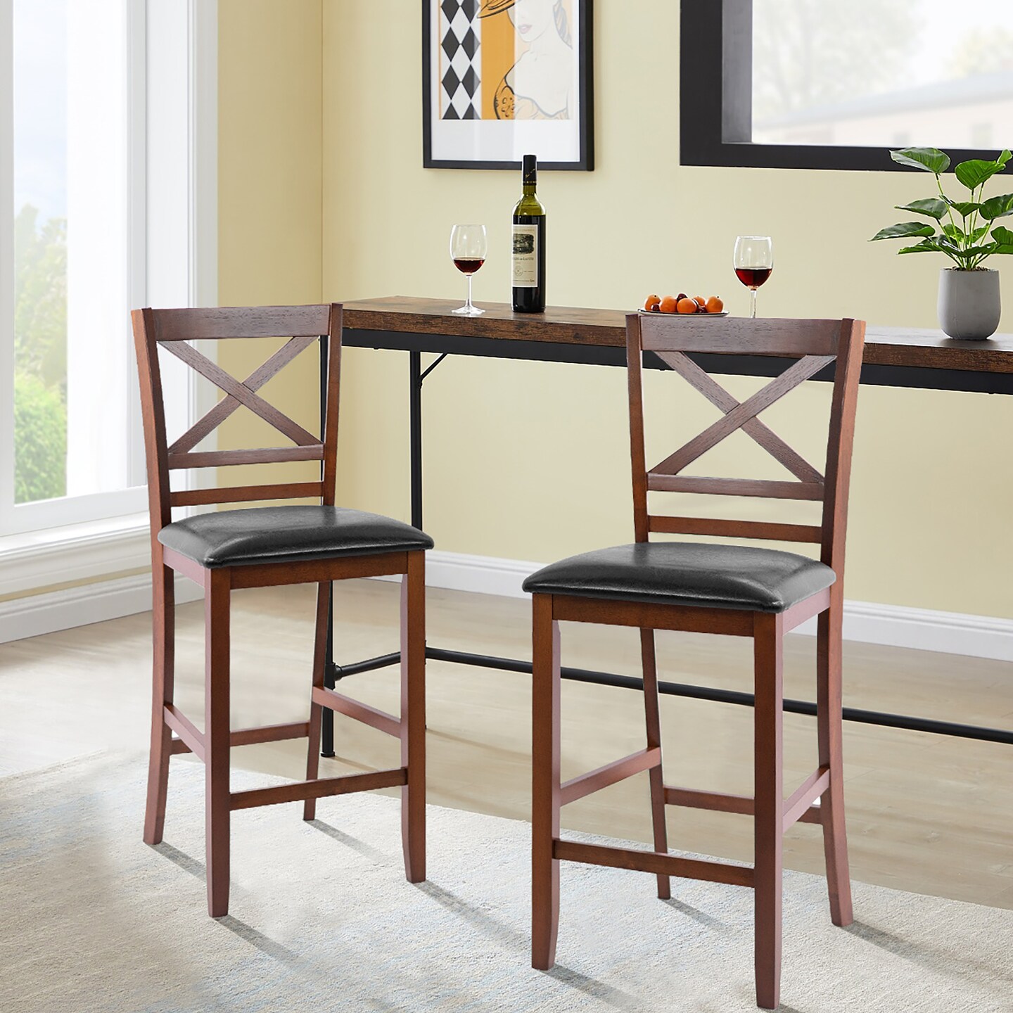 Costway Set of 4 Bar Stools 25'' Counter Height Chairs w/ PU Leather Seat Walnut